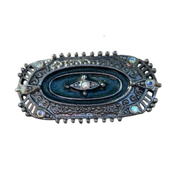 Vintage 1928 Brand Black & Green Enamel Rhinestone Brooch OS Silver-tone Oval - Picture 6 of 8